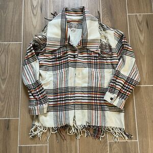 POLO RALPH LAUREN Women's Fringe Coat SIZE Large Off White Plaid Jacket Casual